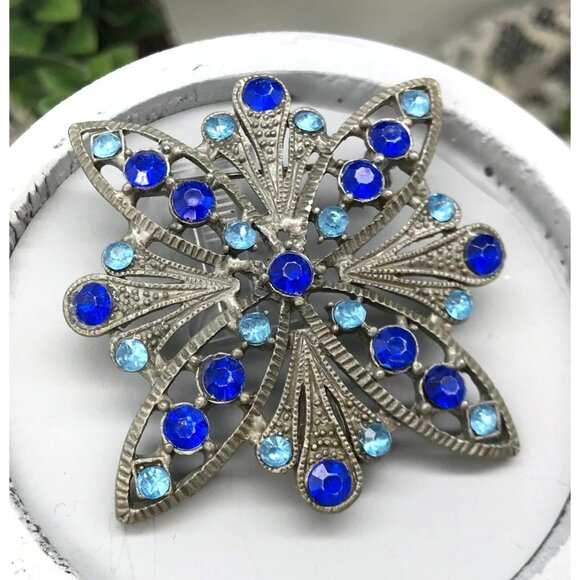 Vintage Art Deco Style Brooch With Royal Blue and Light Blue Rhinestones In Pewt - Picture 1 of 4